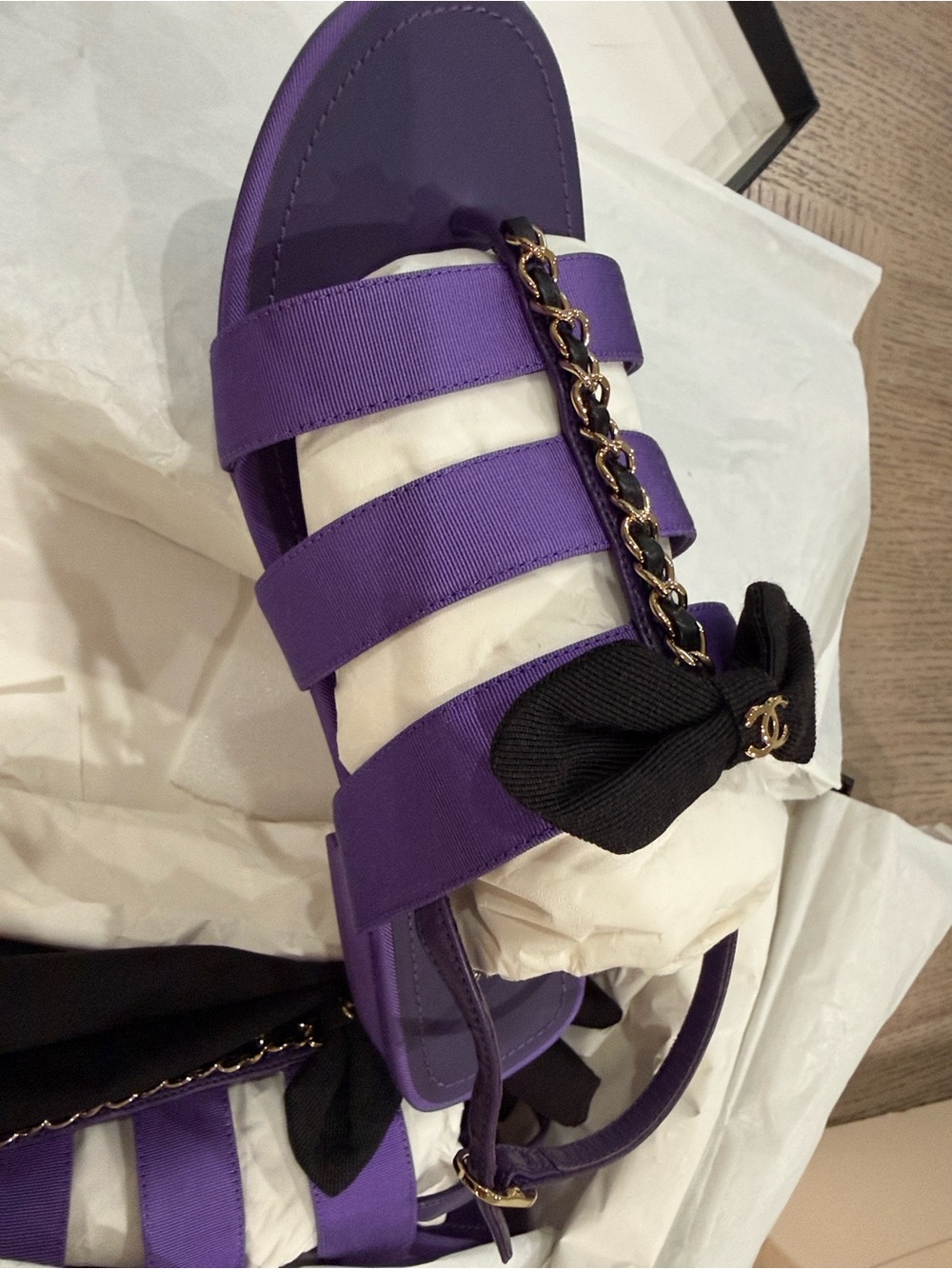 CHANEL Purple Ribbon Chain Slide Sandals with Black Bow
